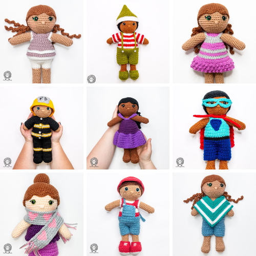 collage of free crochet doll clothes patterns featured in this round up