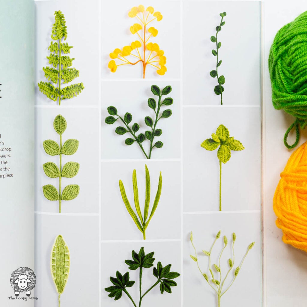 collage of crochet foliage next to some yellow and green yarn