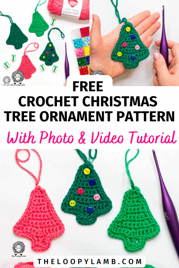 collage of crochet christmas tree ornament pattern images with text that says Crochet Christmas Tree Ornament Free Pattern with photo and video tutorial