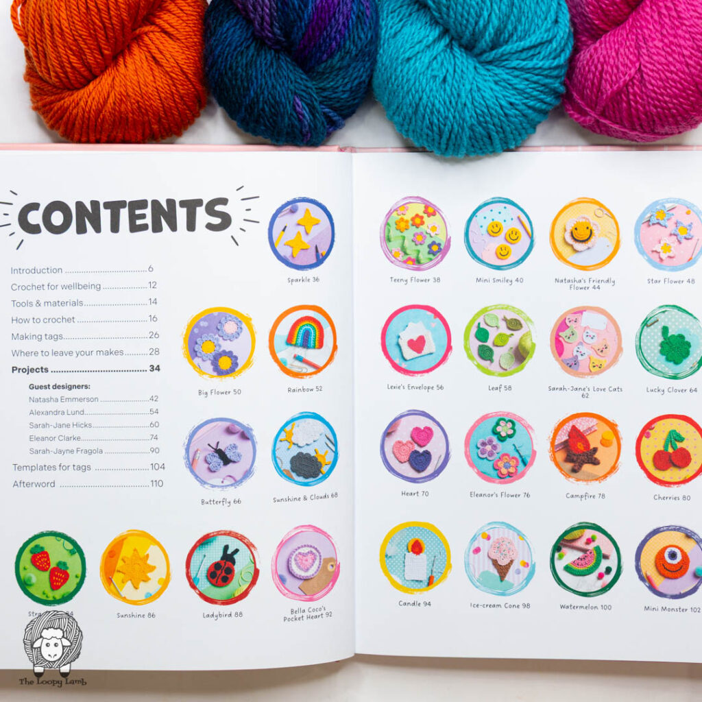 Random Acts of Crochet Kindness by Olivia Dieterich open to show the table of contents
