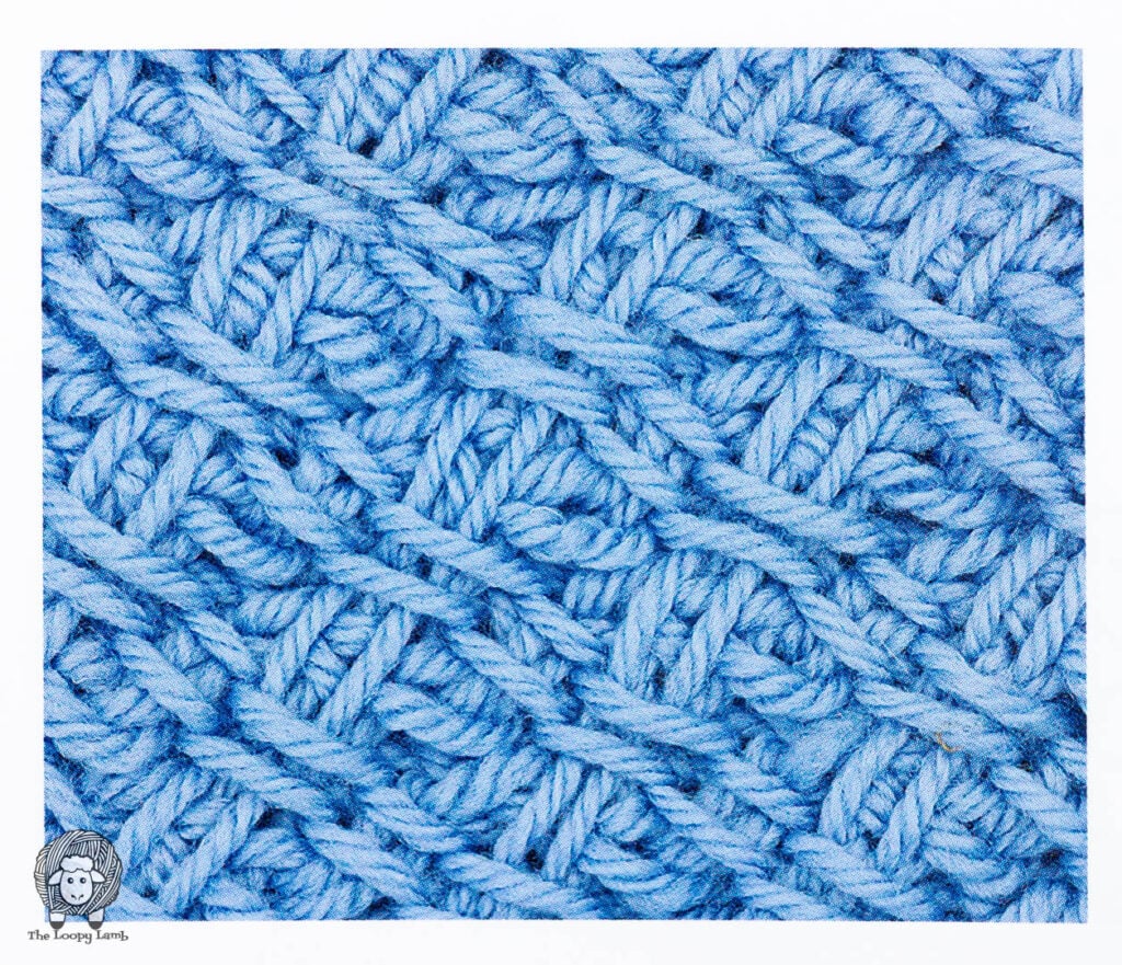 light blue tunisian crochet stitch swatch from the book being reviewed.