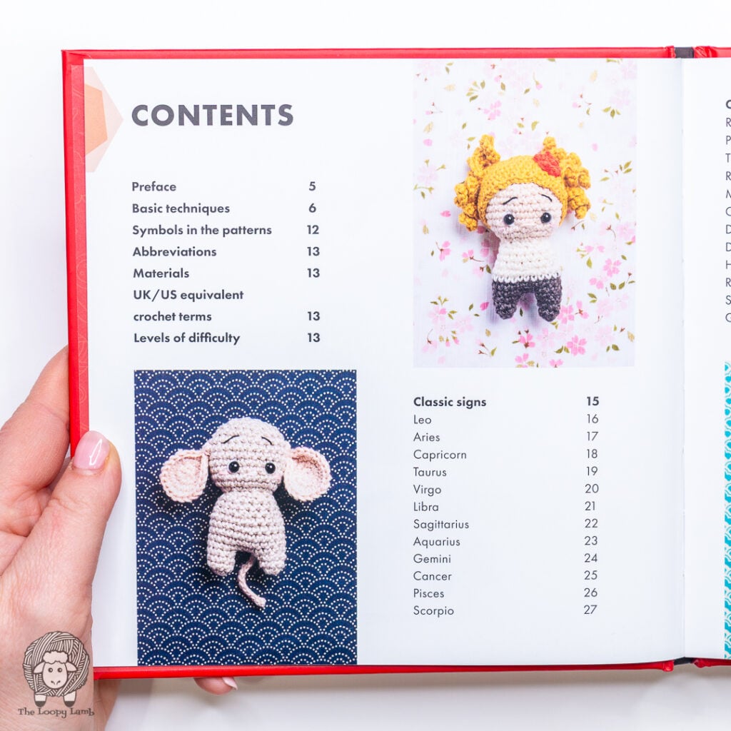 Mini Amigurumi Zodiac open to the first Table of contents page