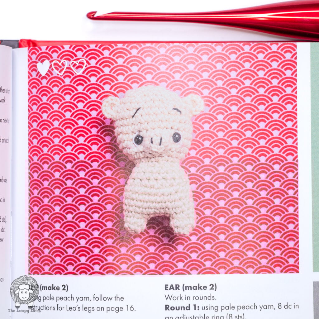 close up image of the amigurumi pig toy in the book being reviewed