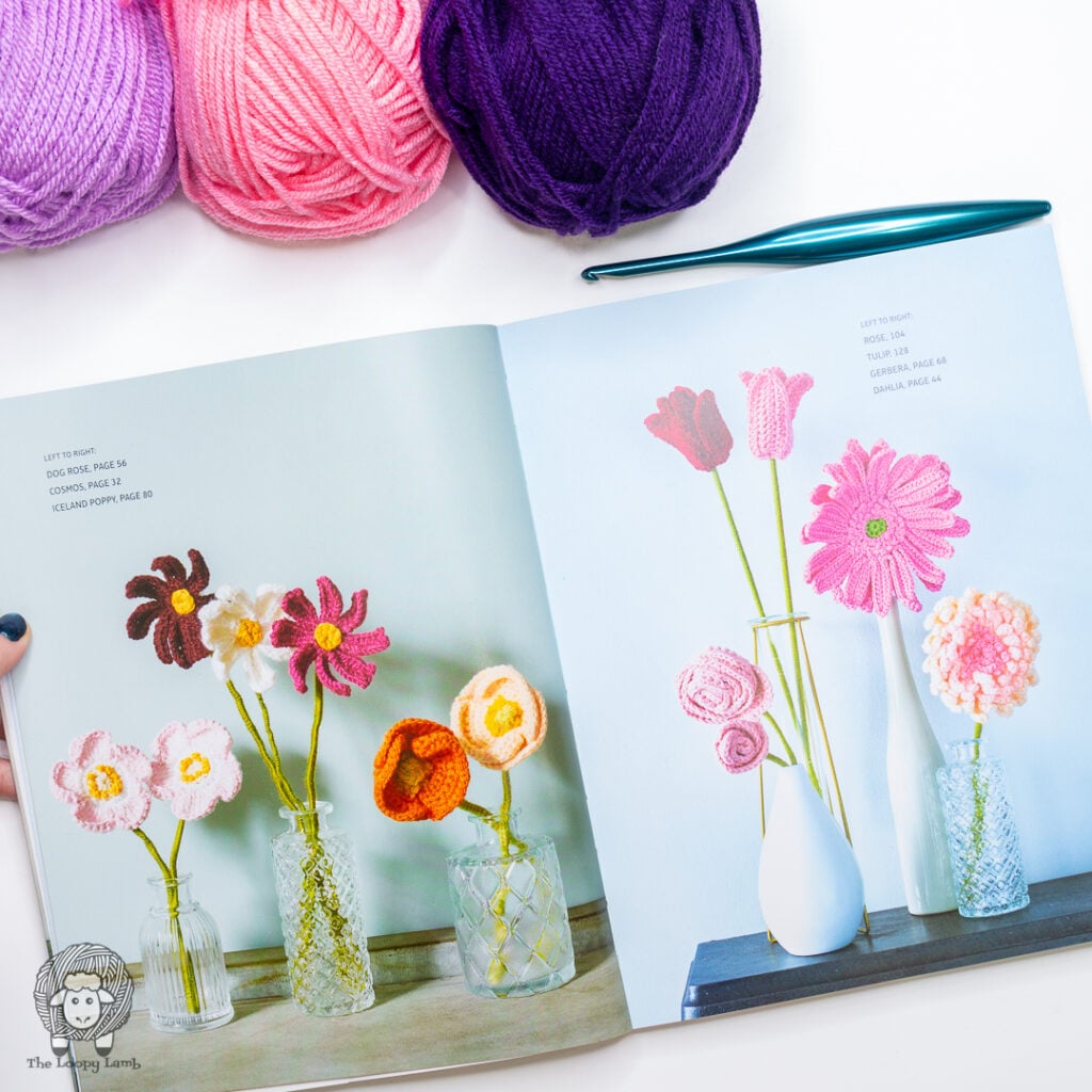 Crocheted Flowers by Emma Varnam open to show two gallery-style photos of the flowers you can make with the patterns in the book