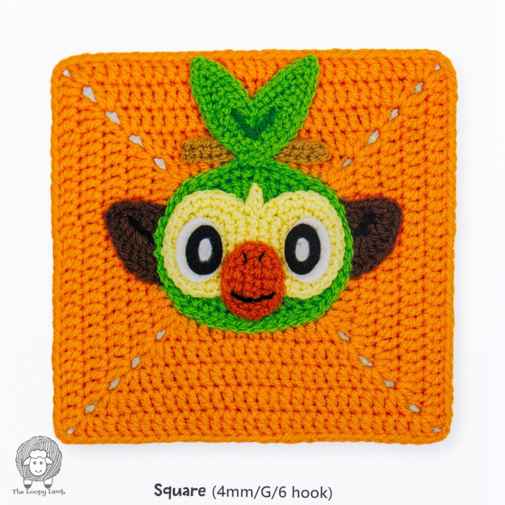 Grookey crochet granny square on a white background