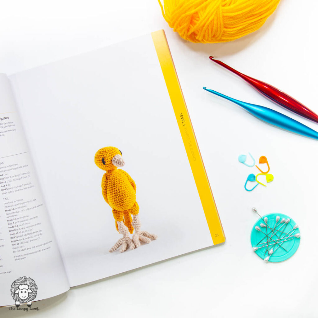 Ernest the canary page open in a flat lay with yarn,furls crochet hooks, stitch markers and pins