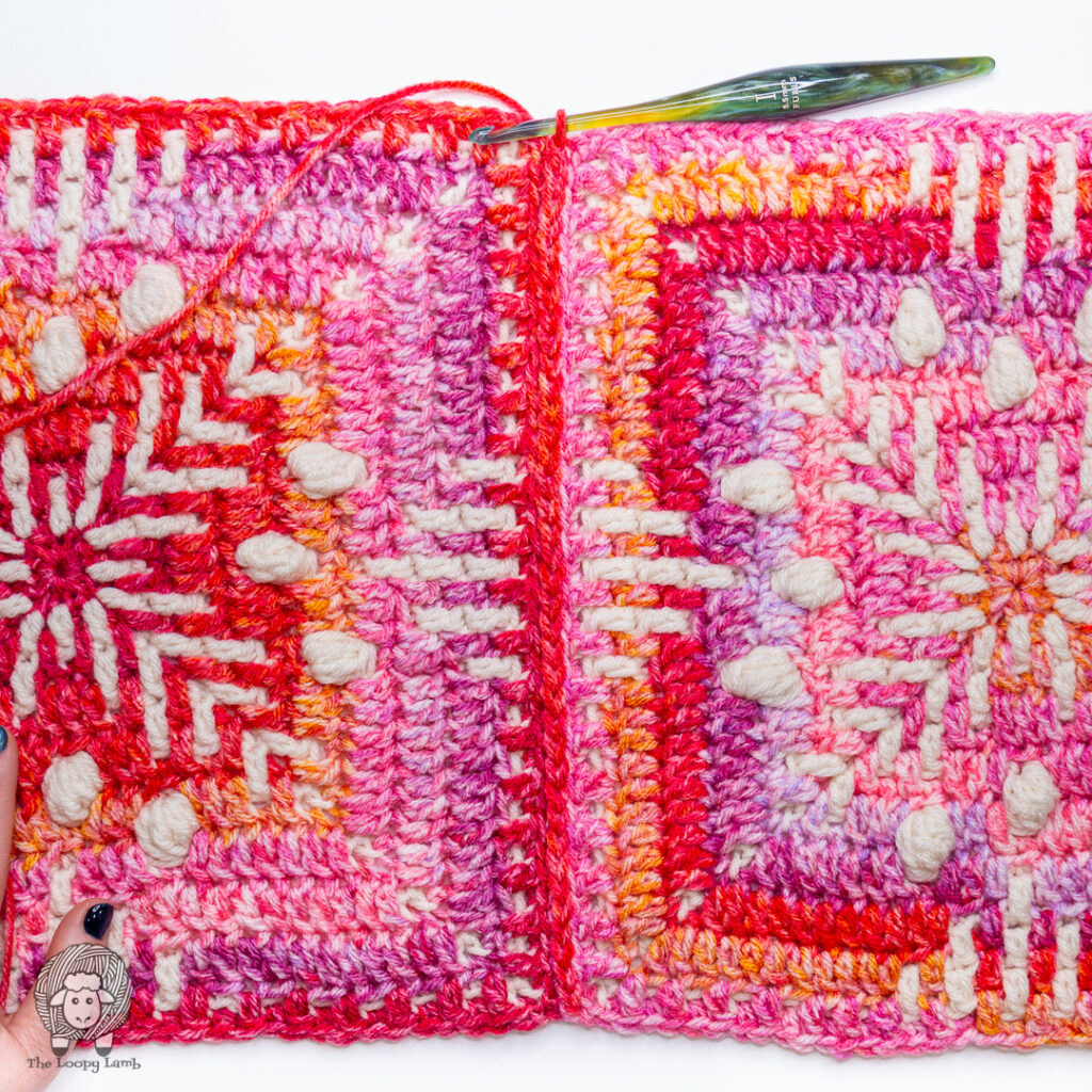 Joining granny squares evenly with a flat slip stitch seam