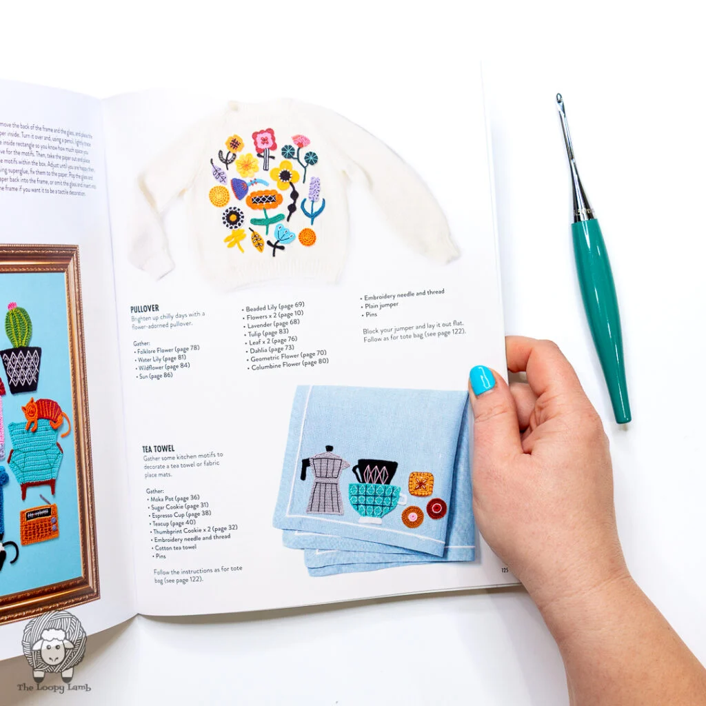 Inspiration page from Cozy Crochet Motifs showing the motifs used on a tea towel and sweater