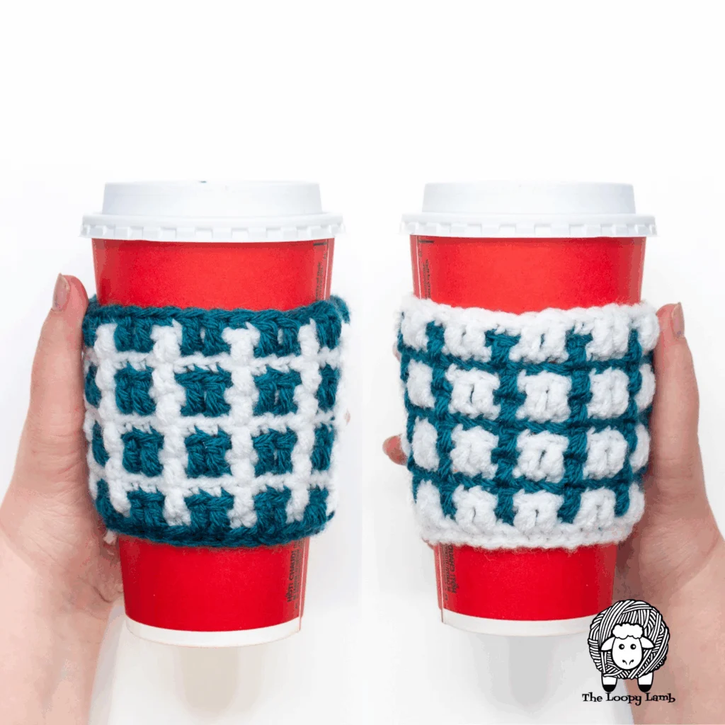 Cedar lane mosaic crochet cup cozy made in two different colors on a white background