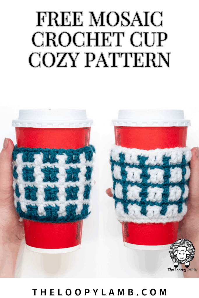 two mosaic crochet cup cozies in teal and white with text that says free mosaic crochet cup cozy pattern